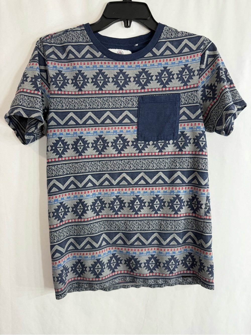 On The Byas Tribal Aztec Geometric Print Pocket T Shirt Blue Gray Men’s, size S